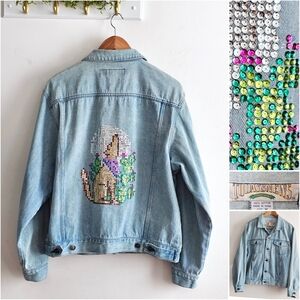 Vintage Western Sequin Coyote Moon Art Denim Jacket Desert Cactus Statement M